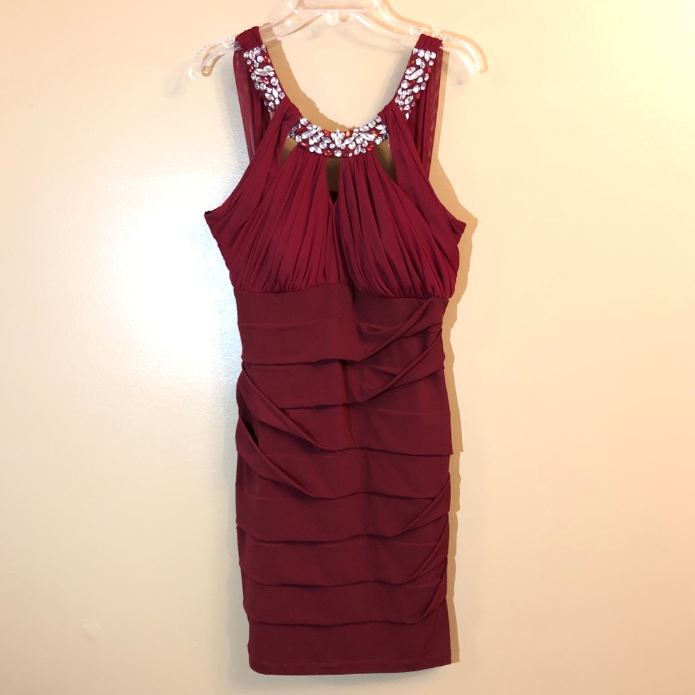 City Triangles maroon jeweled neck dress